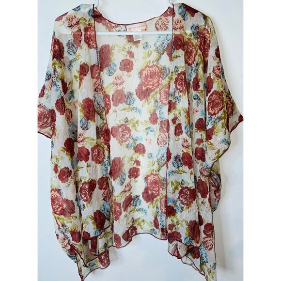 Band of Gypsies Tops - Floral Sheer Kimono Cardigan Band Of Gypsies - Red & Teal Boho Style Womens M/L